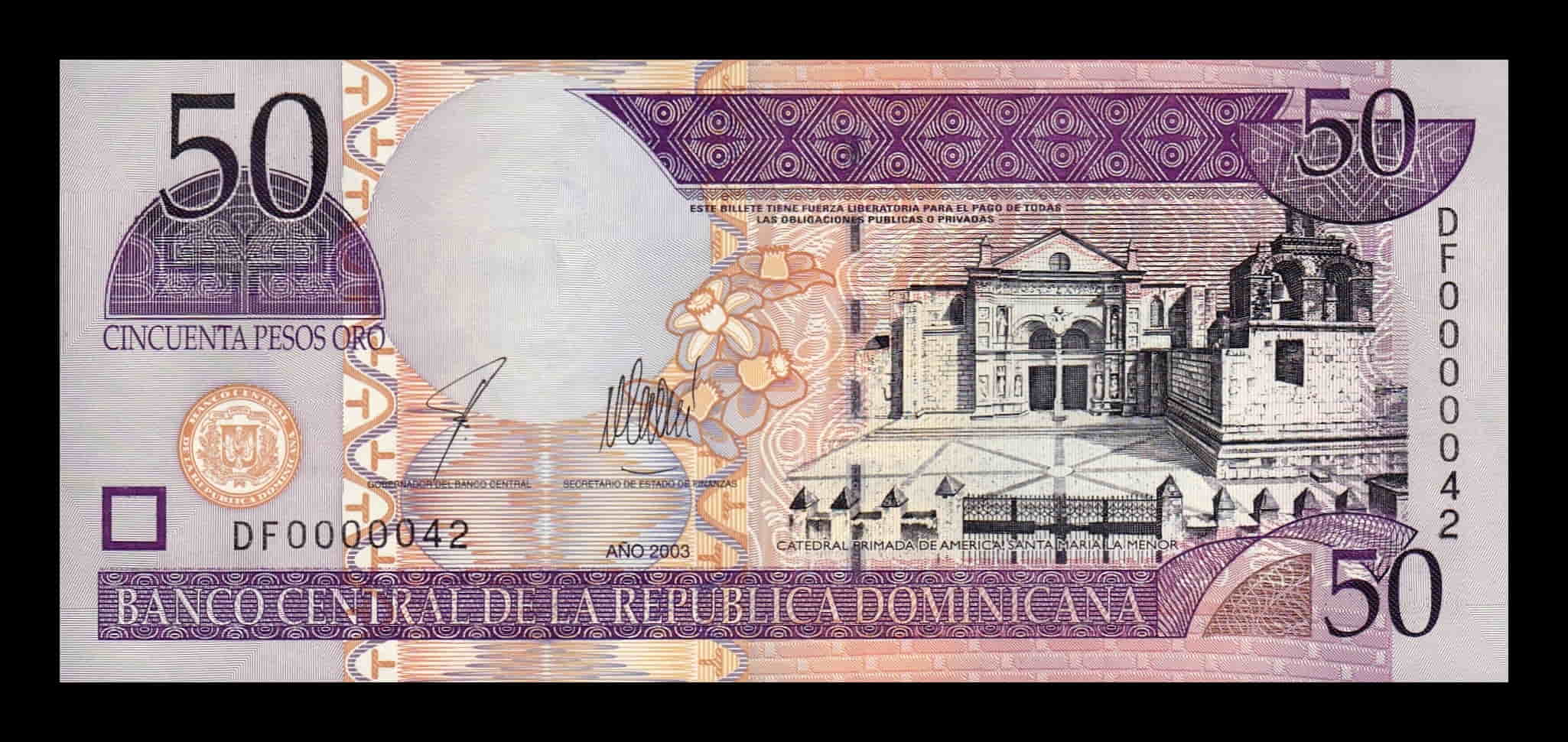 República Dominicana 50 Pesos Oro 2003 Pick 170b Numeración baja 42 Sc Unc