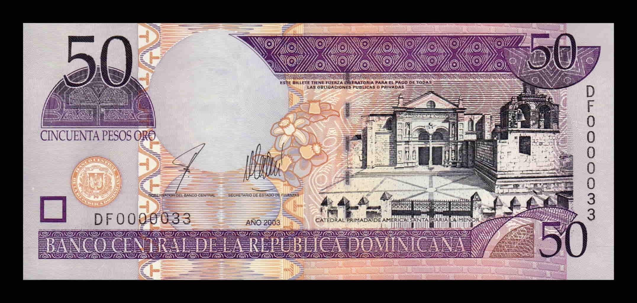 República Dominicana 50 Pesos Oro 2003 Pick 170b Numeración baja 33 Sc Unc