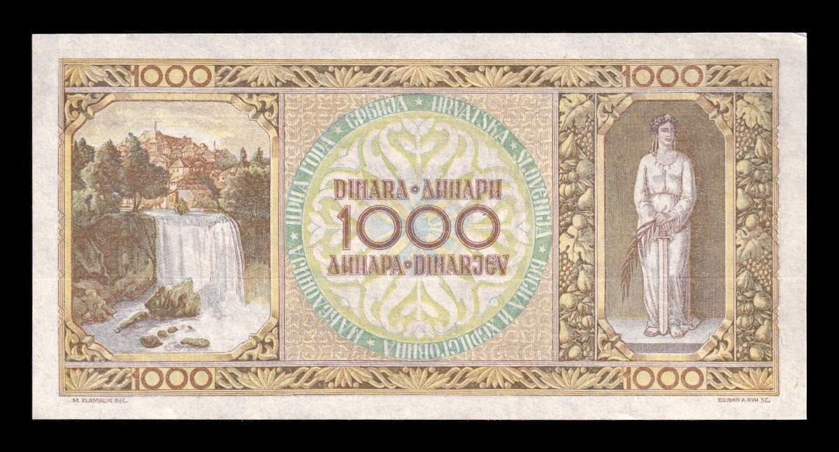 Alternative view of Yugoslavia 1000 Dinares 1946 Pick 67a Sc- aUnc