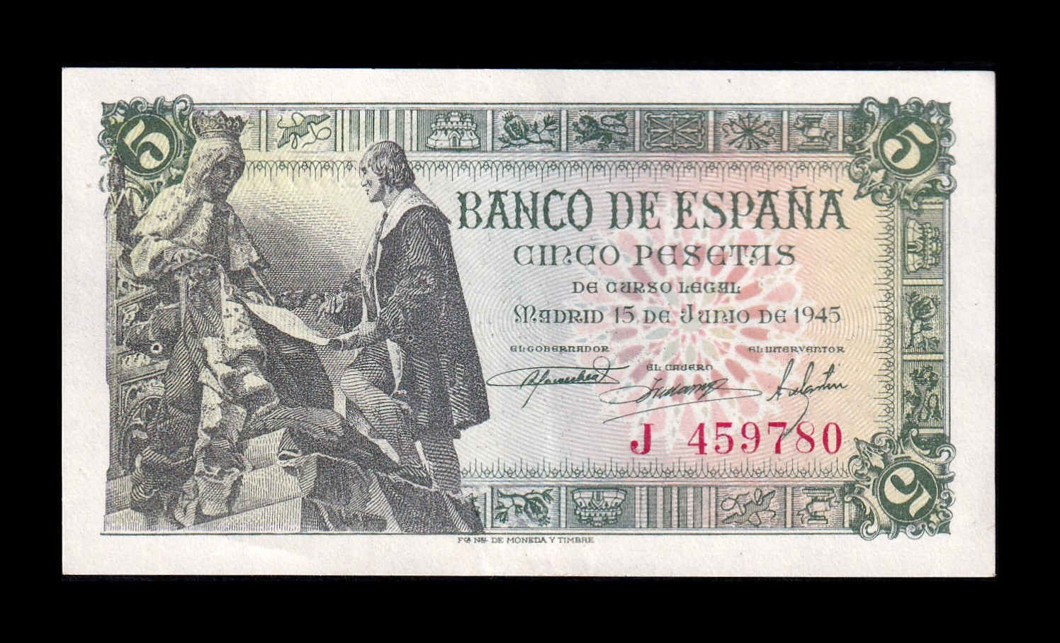 España 5 Pesetas Capitulaciones 1945 Pick 129a Serie J Sc- aUnc