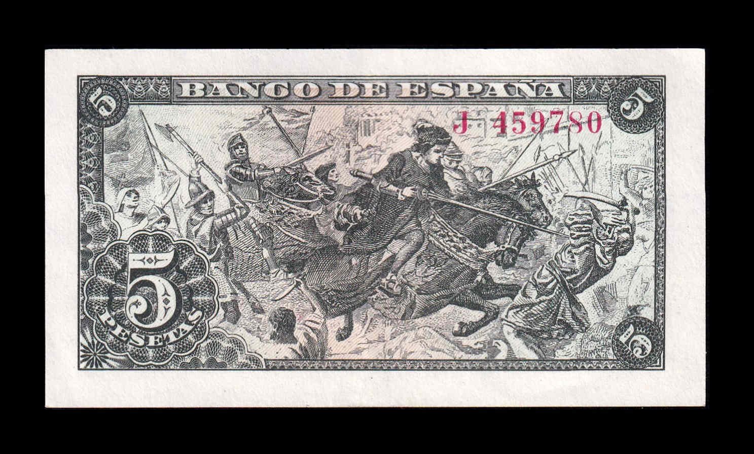 Alternative view of España 5 Pesetas Capitulaciones 1945 Pick 129a Serie J Sc- aUnc