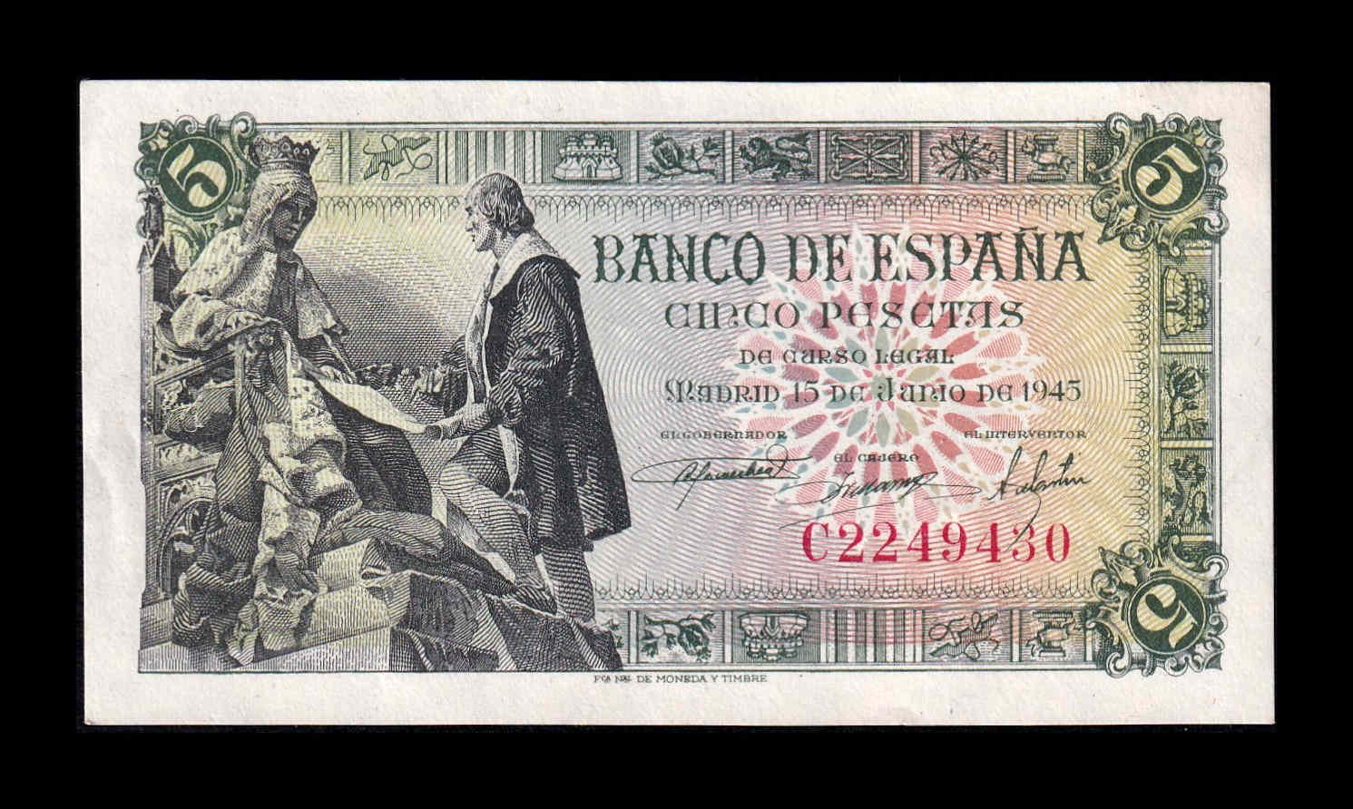 España 5 Pesetas Capitulaciones 1945 Pick 129a Serie C Sc- aUnc