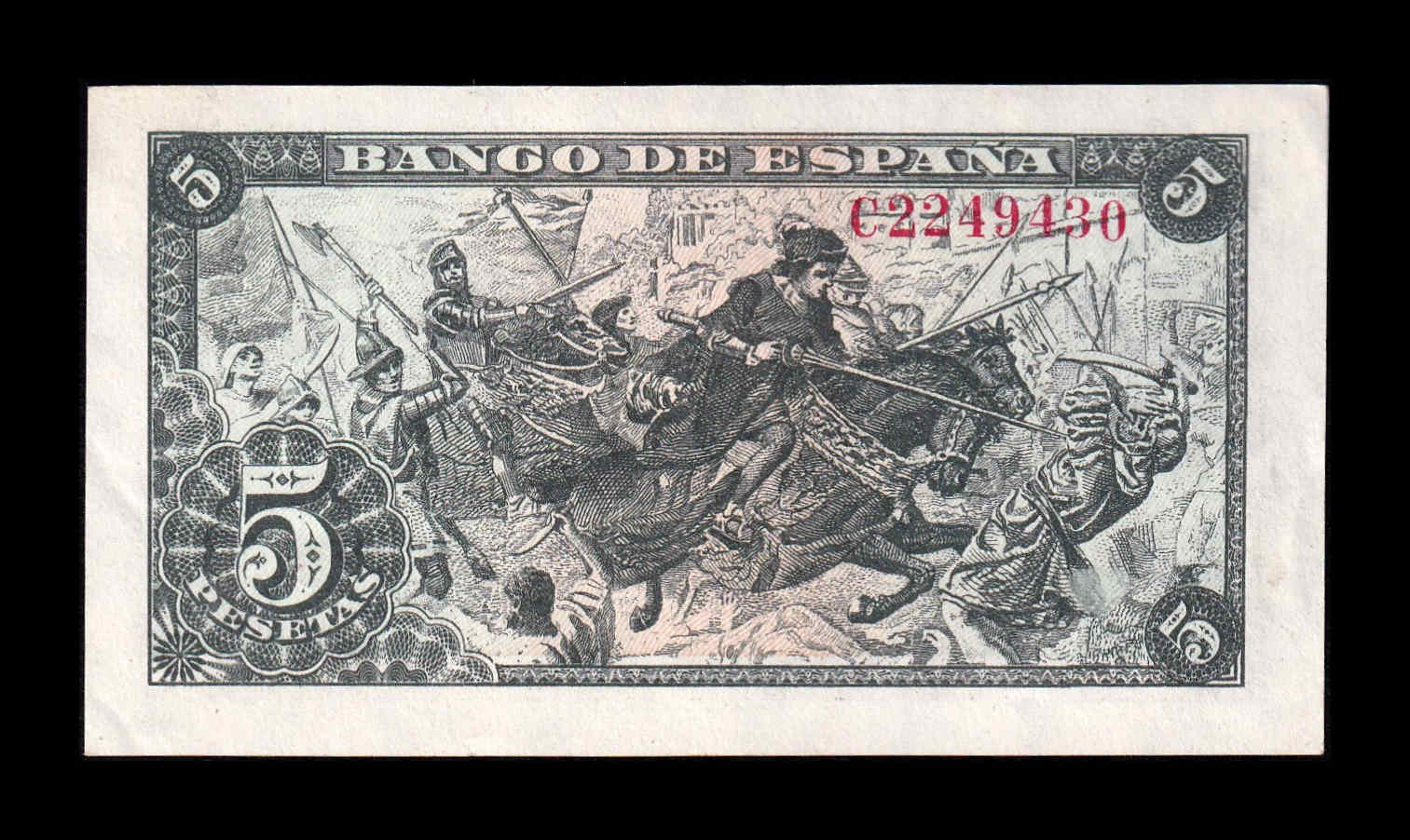 Alternative view of España 5 Pesetas Capitulaciones 1945 Pick 129a Serie C Sc- aUnc
