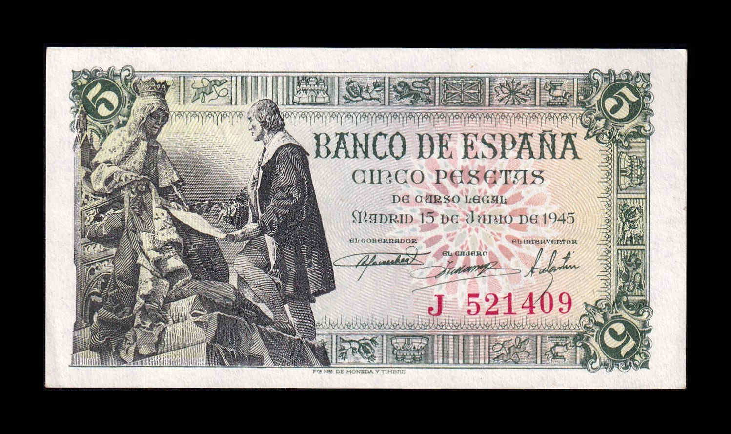 España 5 Pesetas Capitulaciones 1945 Pick 129a Serie J Sc Unc