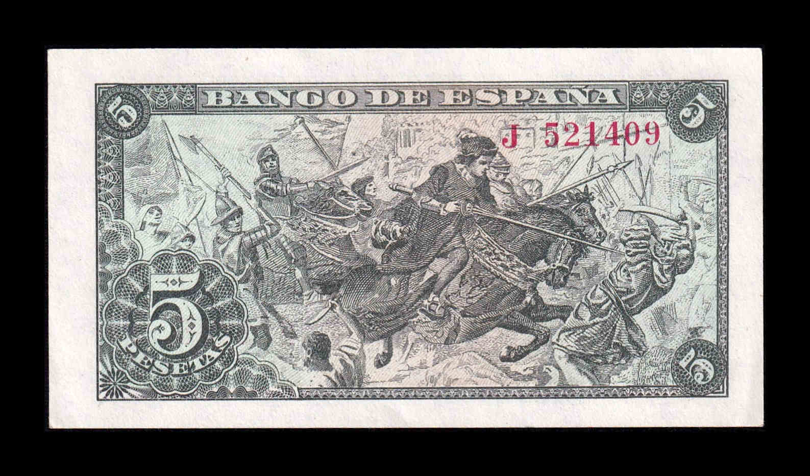 Alternative view of España 5 Pesetas Capitulaciones 1945 Pick 129a Serie J Sc Unc