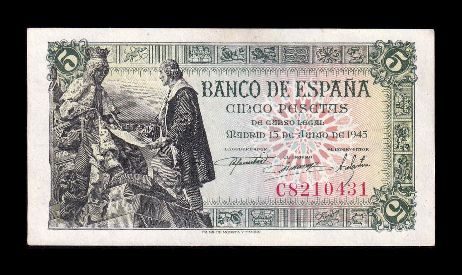 España 5 Pesetas Capitulaciones 1945 Pick 129a Serie C Sc Unc