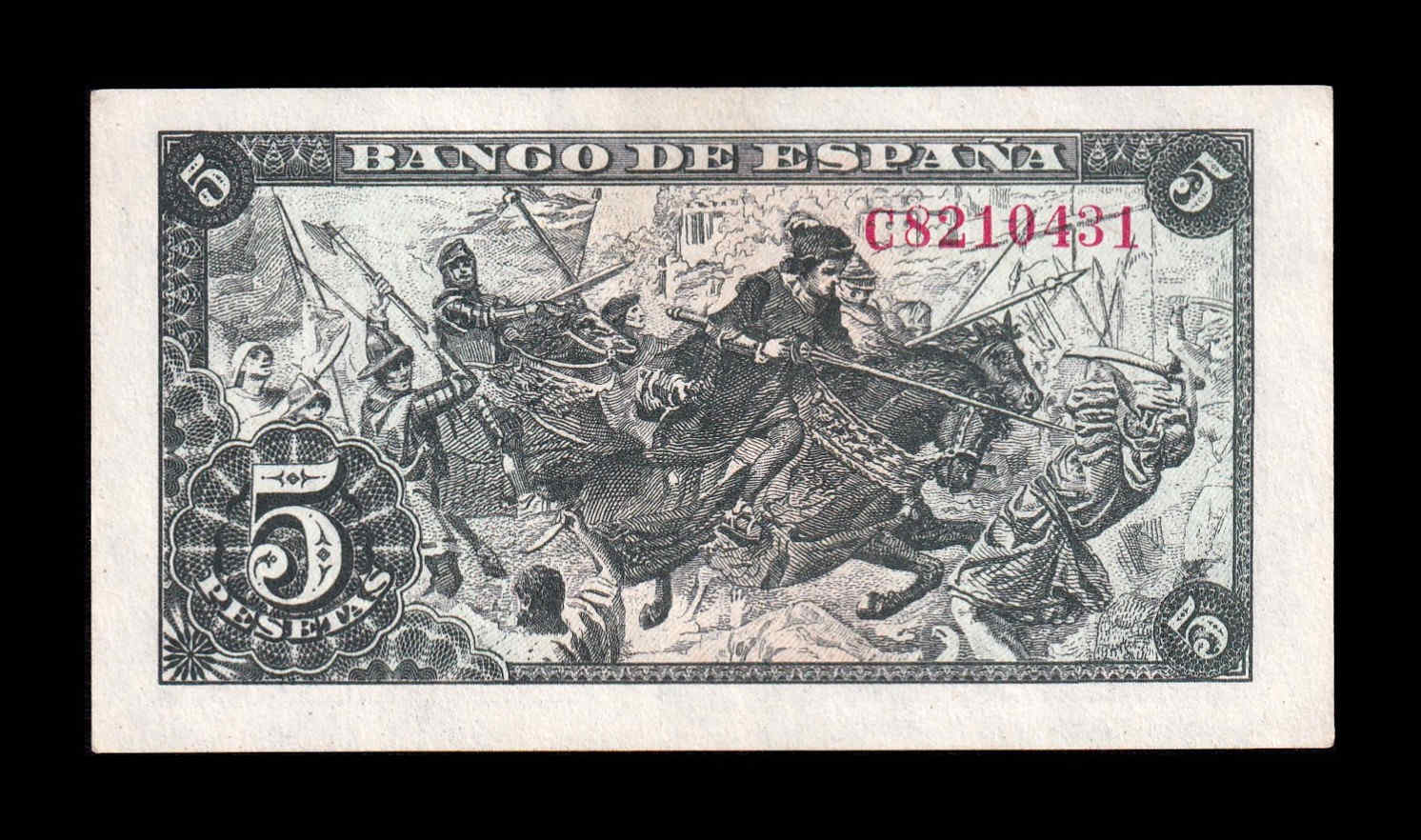 Alternative view of España 5 Pesetas Capitulaciones 1945 Pick 129a Serie C Sc Unc