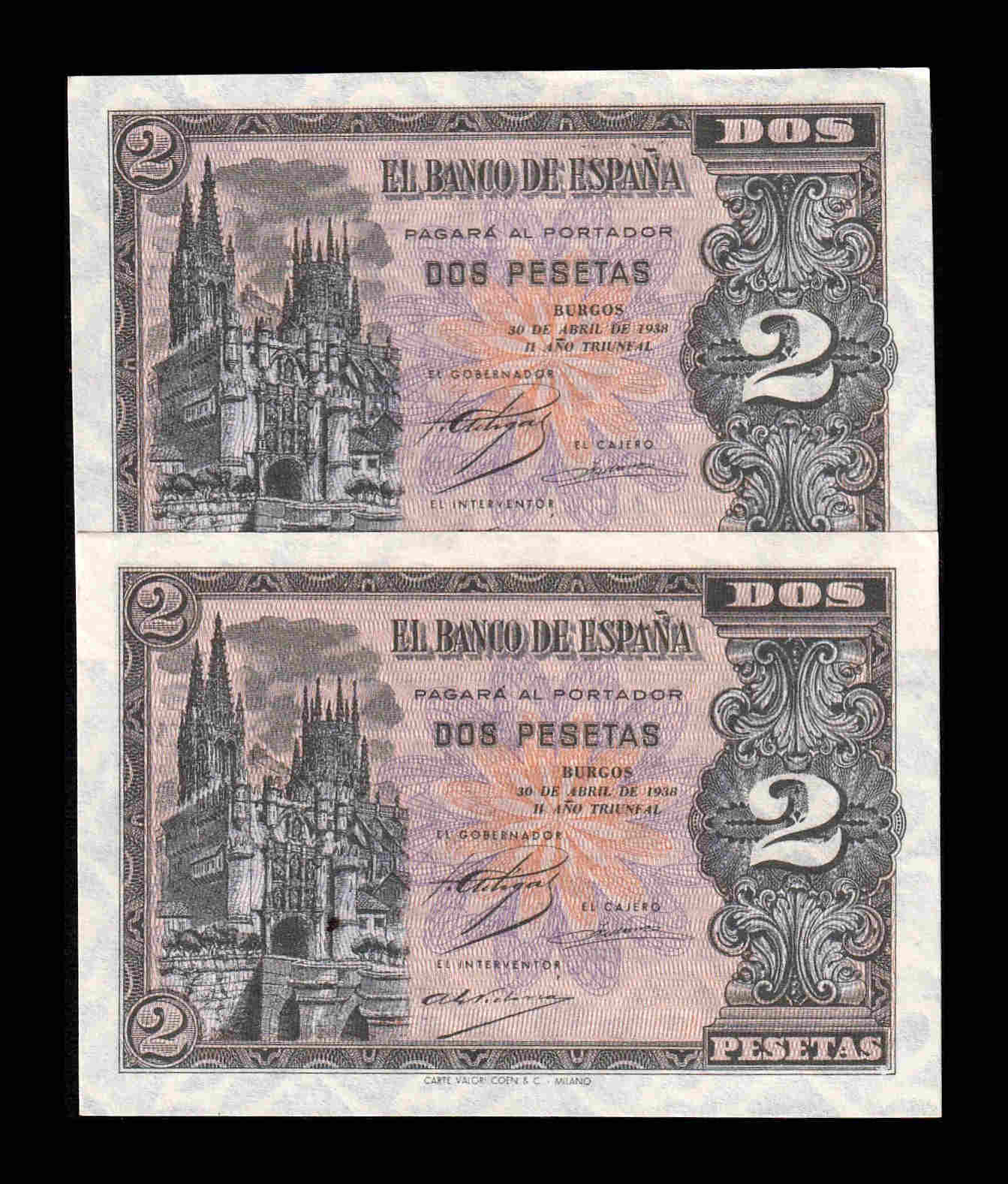 España Pareja Correlativa 2 Pesetas Catedral de Burgos 1938 Pick 109 Serie D Sc Unc