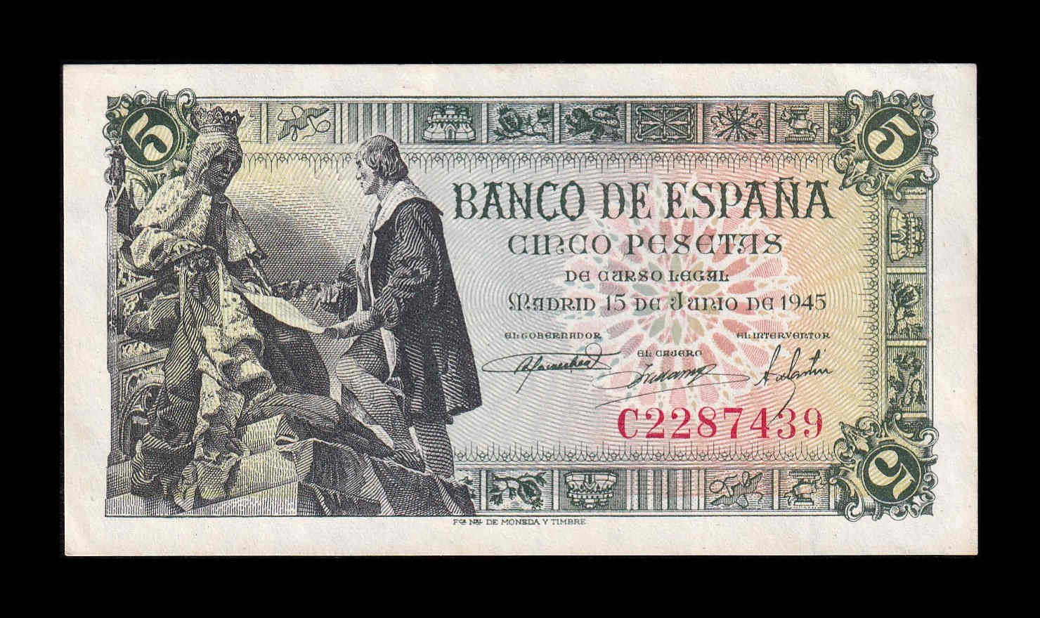 España 5 Pesetas Capitulaciones 1945 Pick 129a Serie C Sc Unc