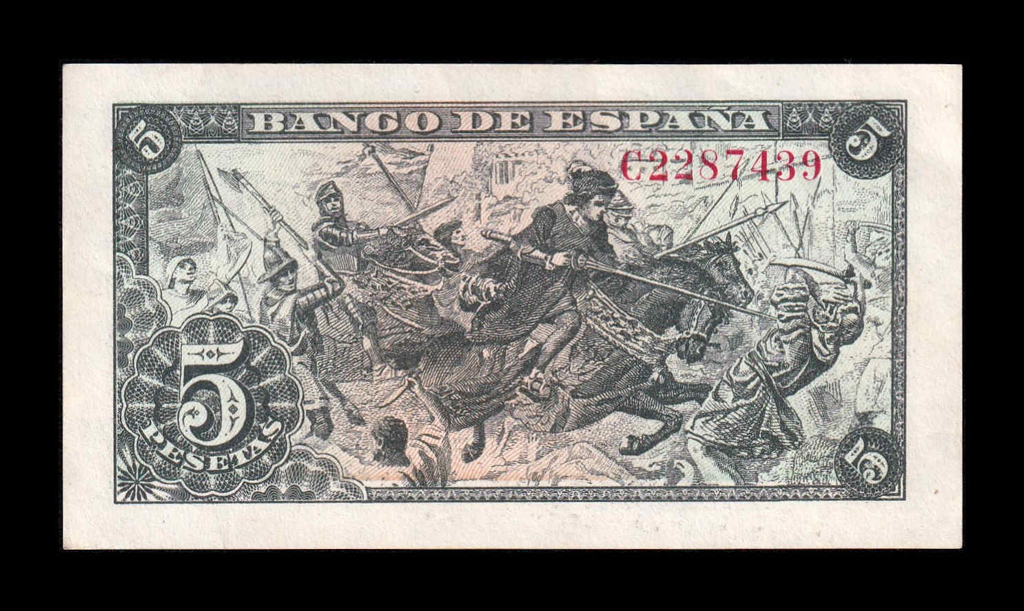 Alternative view of España 5 Pesetas Capitulaciones 1945 Pick 129a Serie C Sc Unc