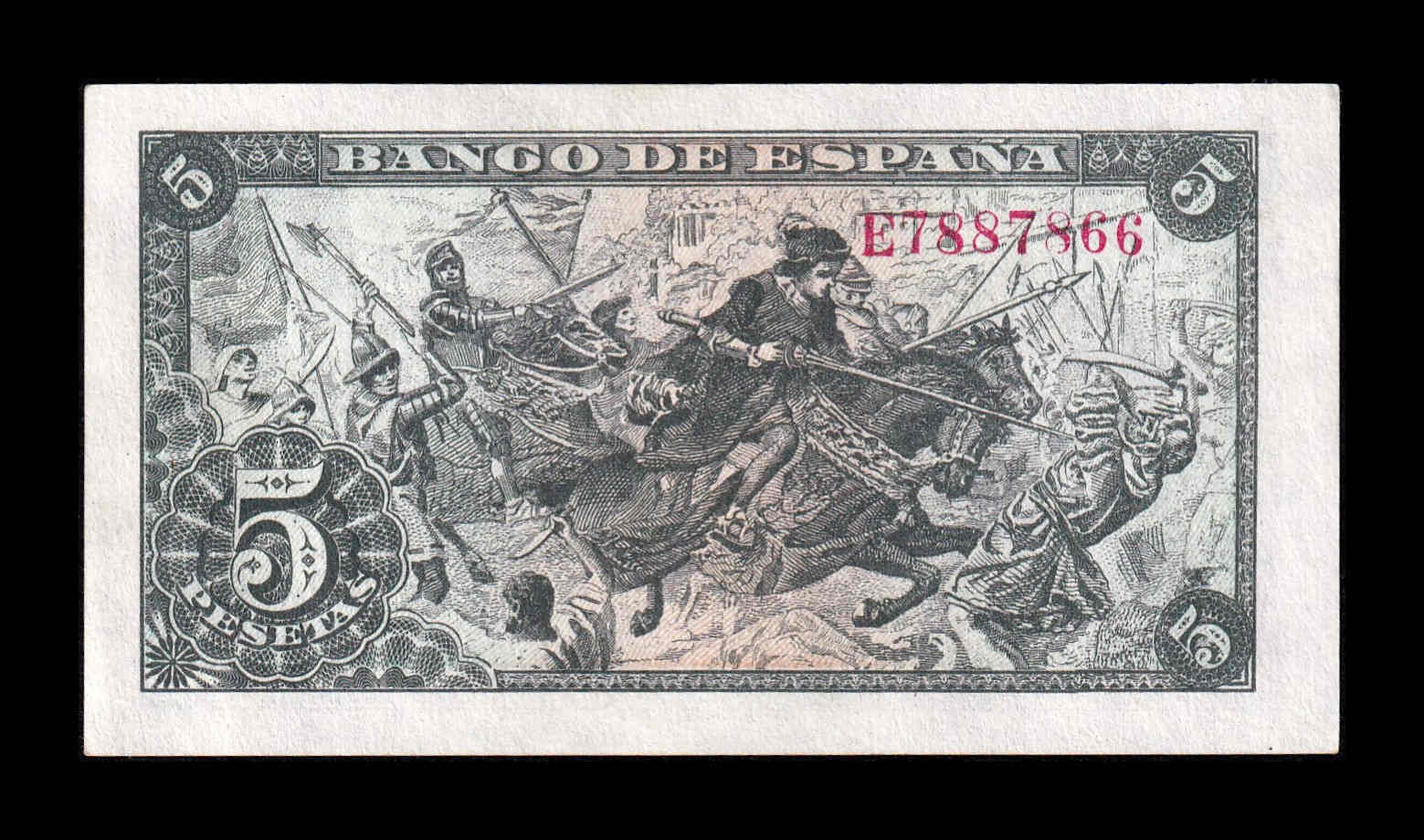 Alternative view of España 5 Pesetas Capitulaciones 1945 Pick 129a Serie E Sc Unc