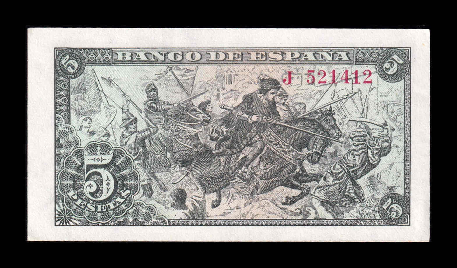 Alternative view of España 5 Pesetas Capitulaciones 1945 Pick 129a Serie J Sc Unc