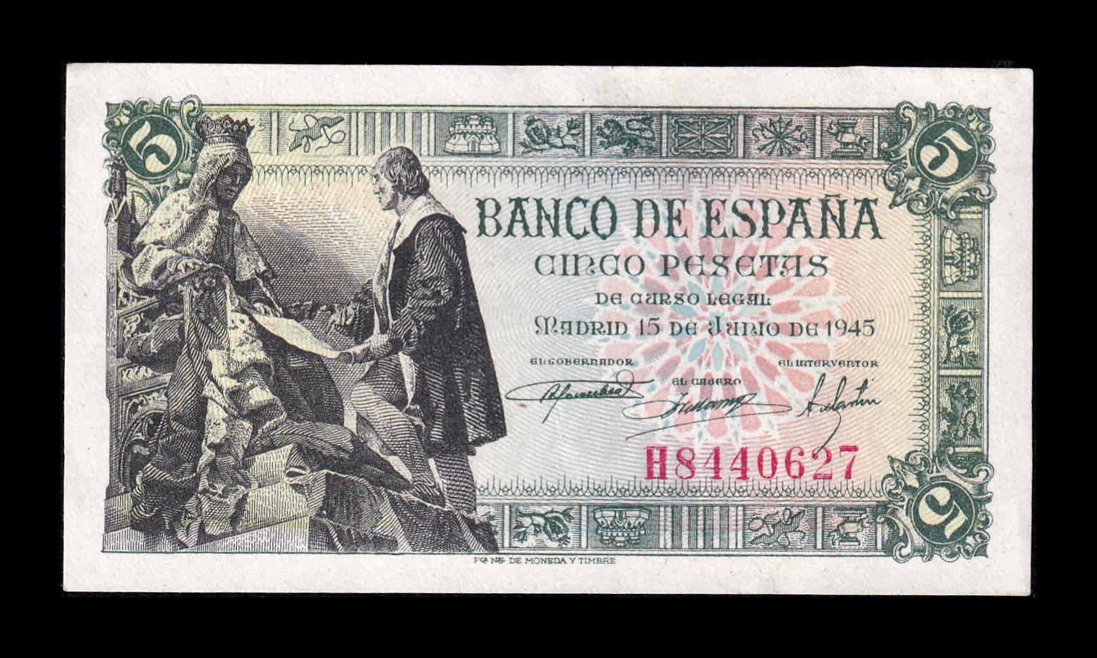 España 5 Pesetas Capitulaciones 1945 Pick 129a Serie H Sc- aUnc