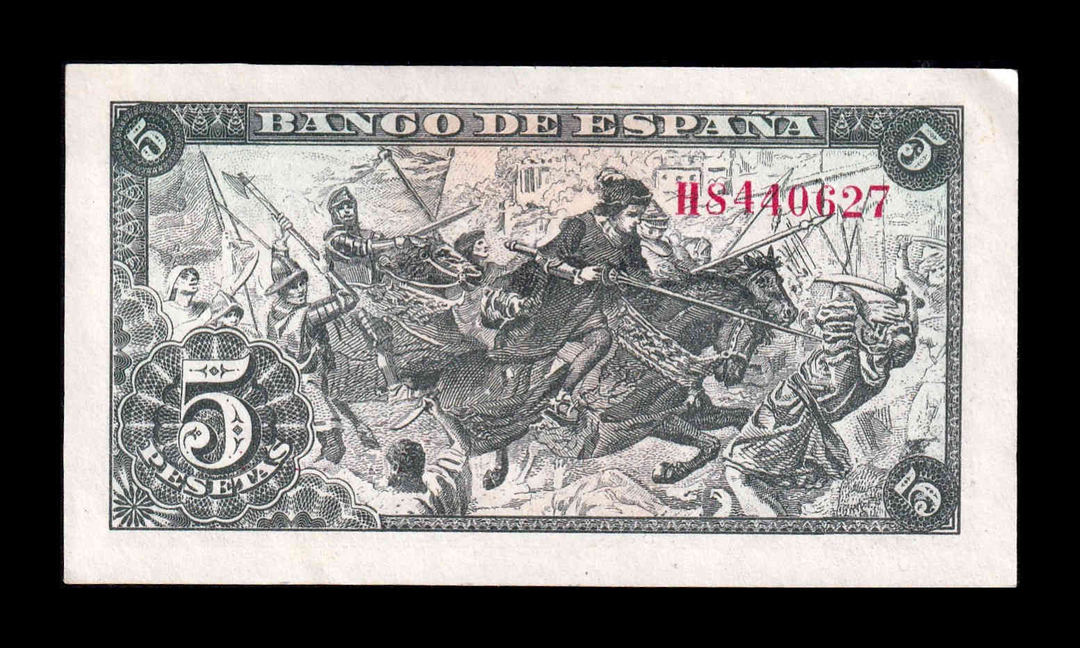 Alternative view of España 5 Pesetas Capitulaciones 1945 Pick 129a Serie H Sc- aUnc