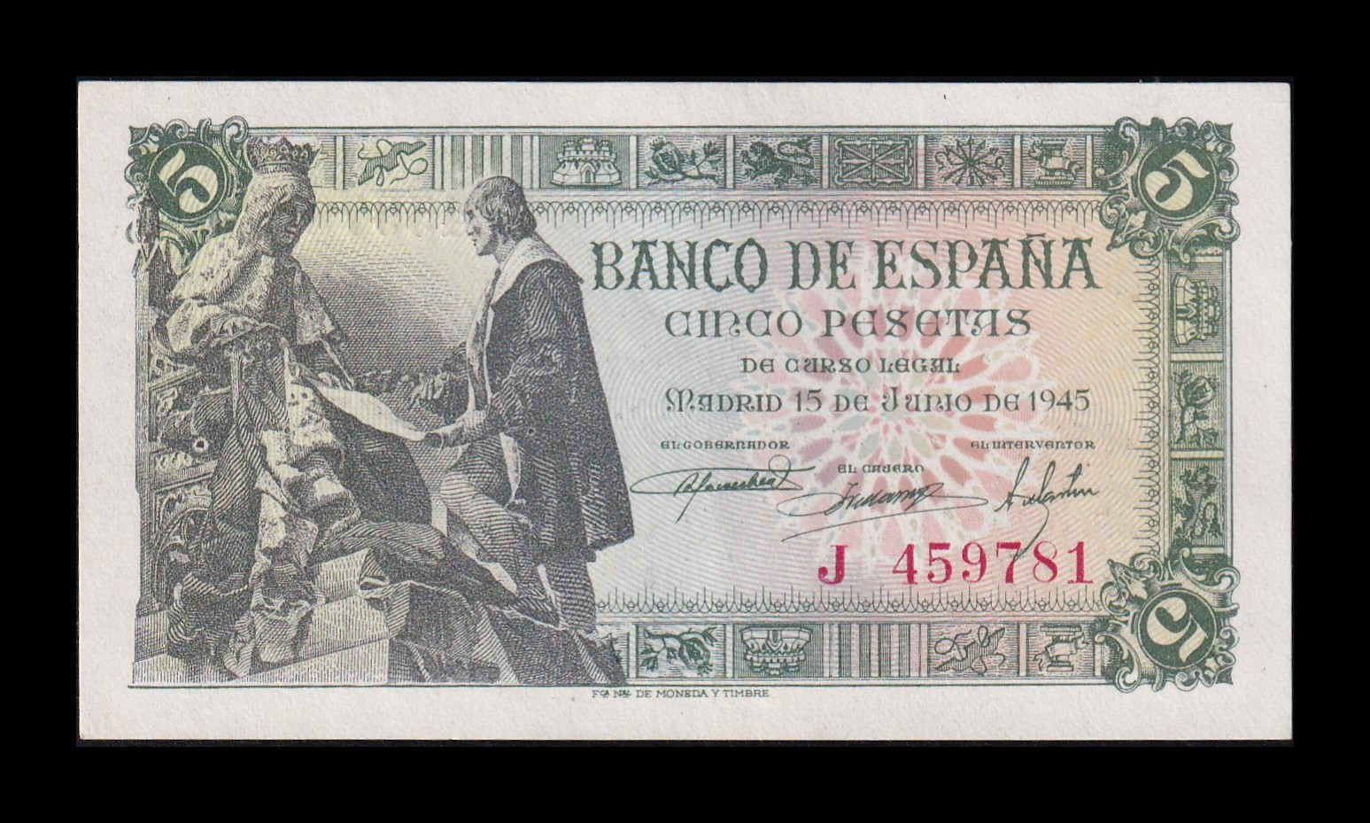 España 5 Pesetas Capitulaciones 1945 Pick 129a Serie J Sc- aUnc