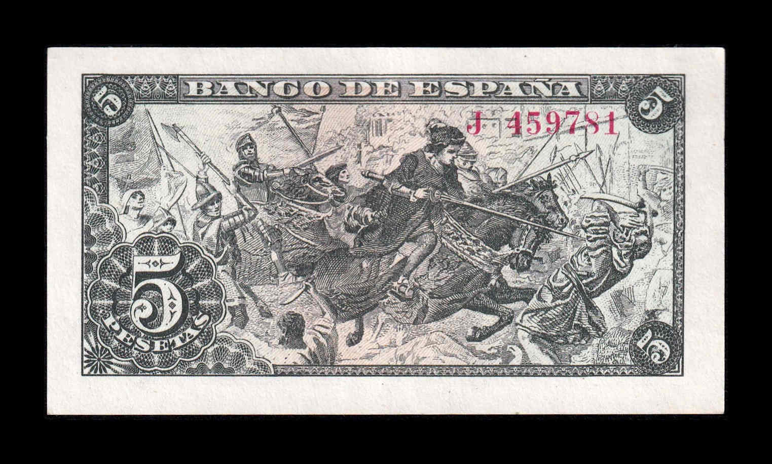 Alternative view of España 5 Pesetas Capitulaciones 1945 Pick 129a Serie J Sc- aUnc