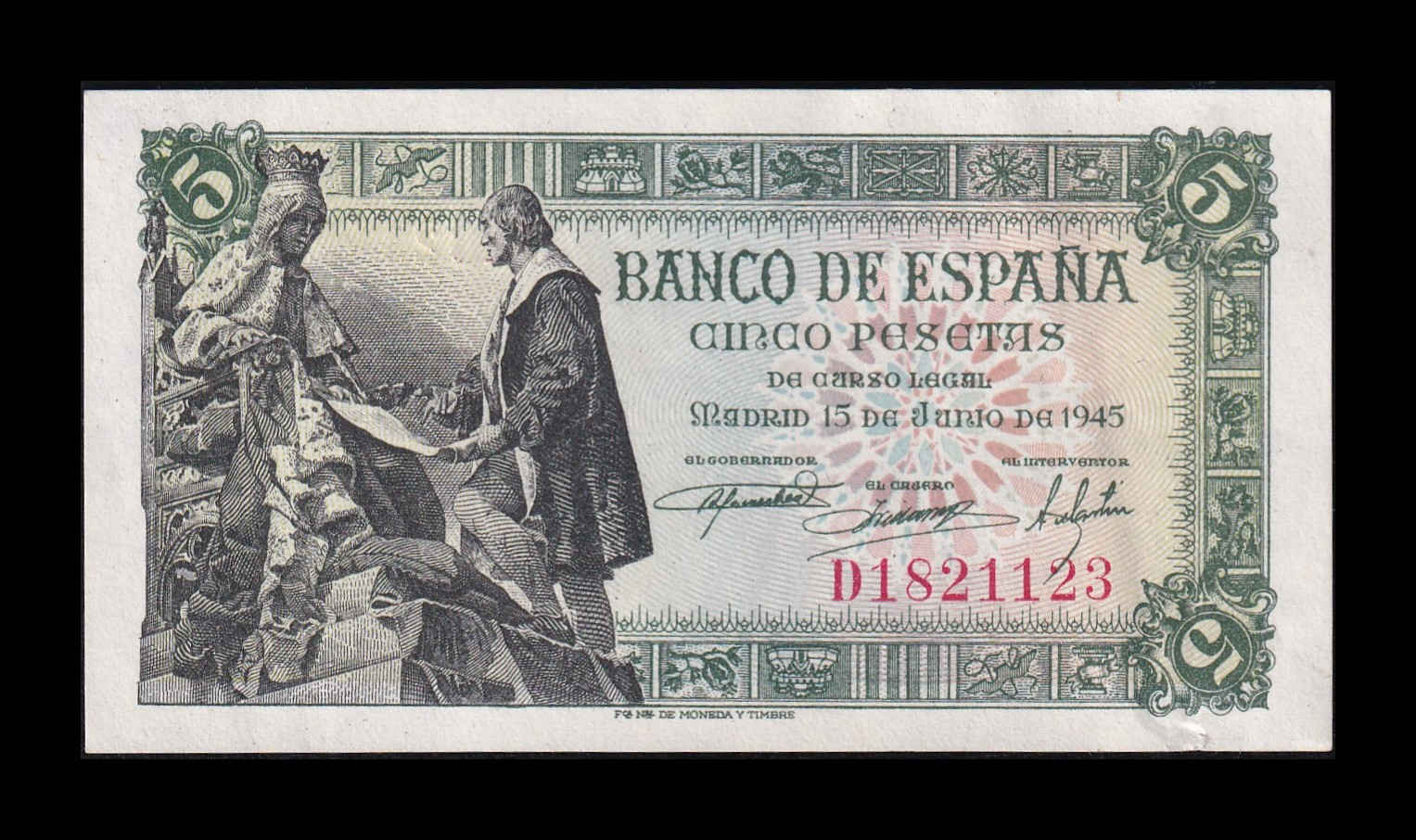 España 5 Pesetas Capitulaciones 1945 Pick 129a Serie D Sc- aUnc