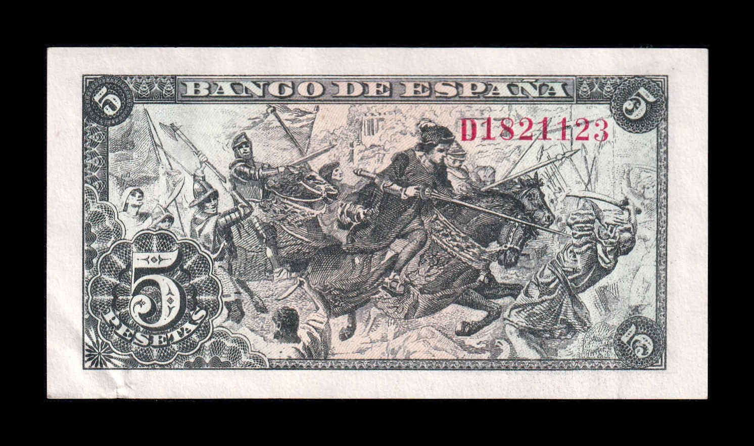 Alternative view of España 5 Pesetas Capitulaciones 1945 Pick 129a Serie D Sc- aUnc