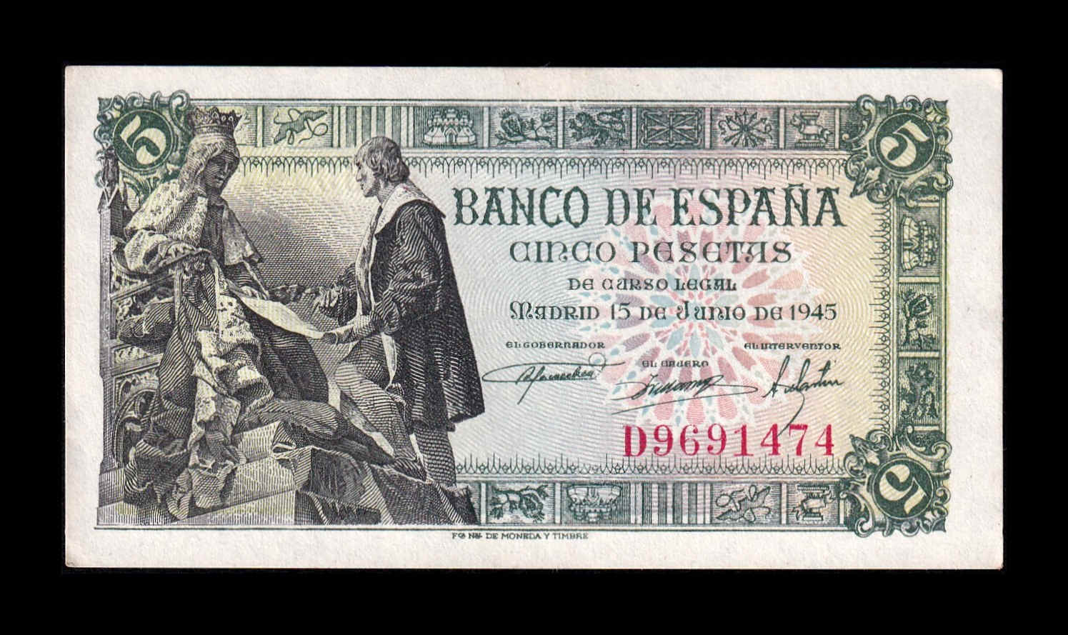 España 5 Pesetas Capitulaciones 1945 Pick 129a Serie D Sc Unc