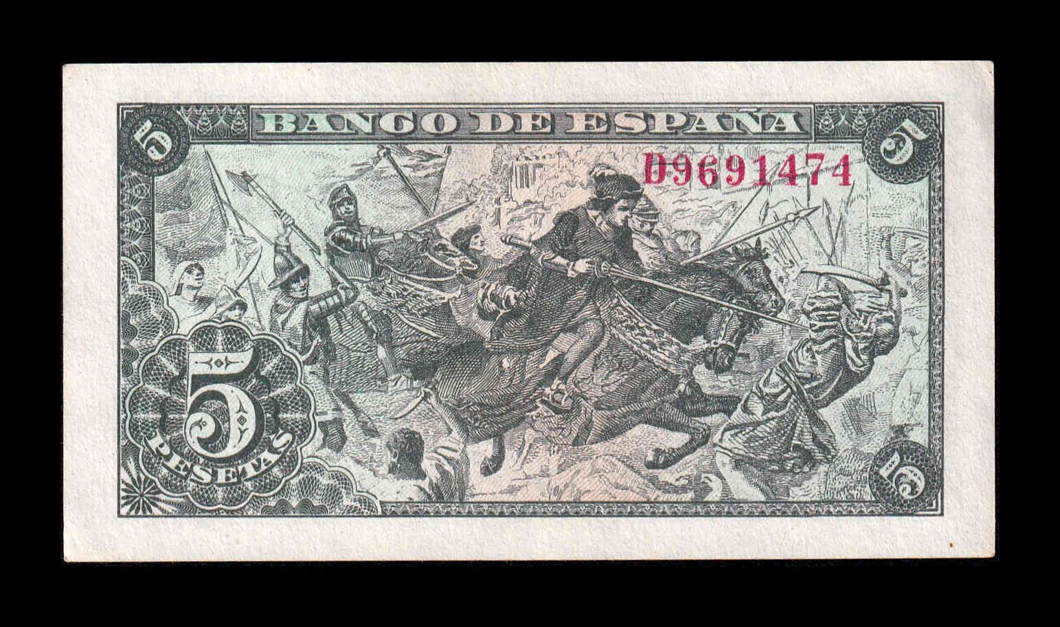 Alternative view of España 5 Pesetas Capitulaciones 1945 Pick 129a Serie D Sc Unc