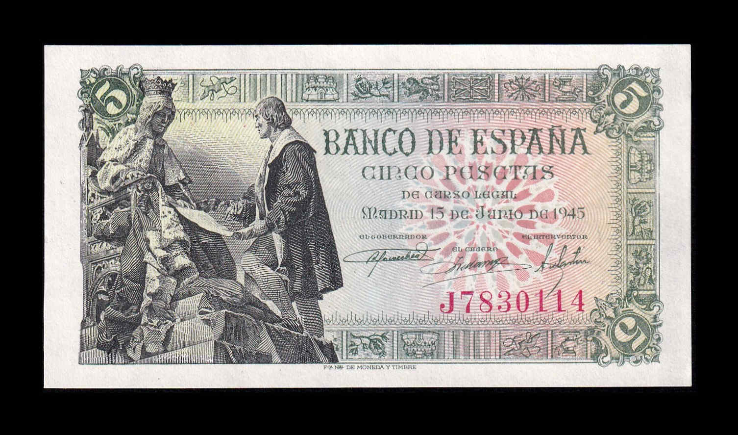España 5 Pesetas Capitulaciones 1945 Pick 129a Serie J Sc Unc