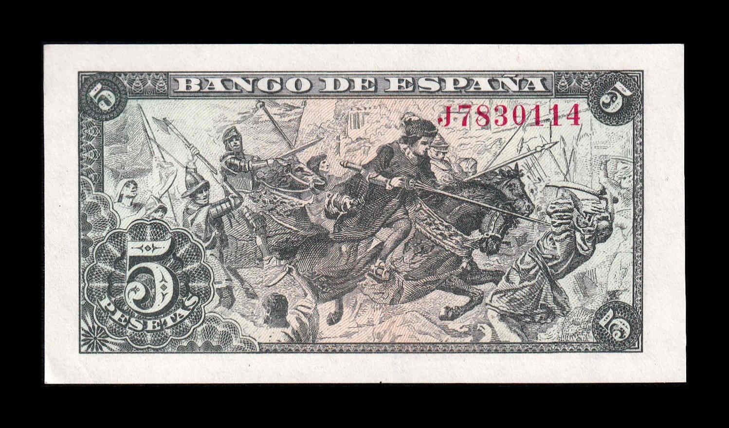 Alternative view of España 5 Pesetas Capitulaciones 1945 Pick 129a Serie J Sc Unc