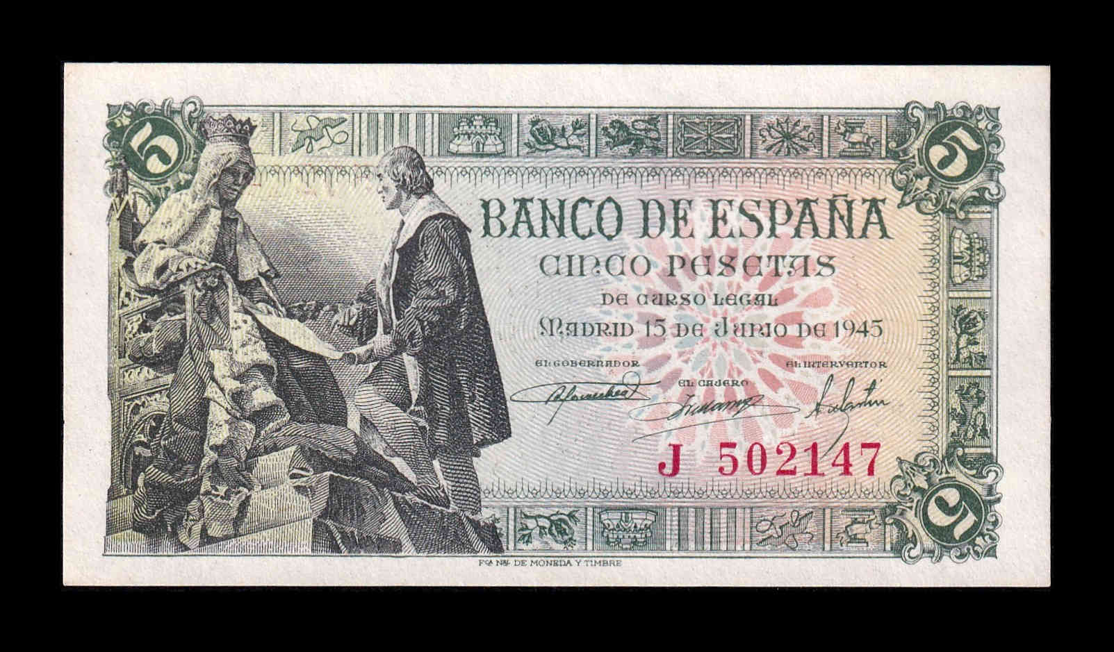 España 5 Pesetas Capitulaciones 1945 Pick 129a Serie J Sc Unc