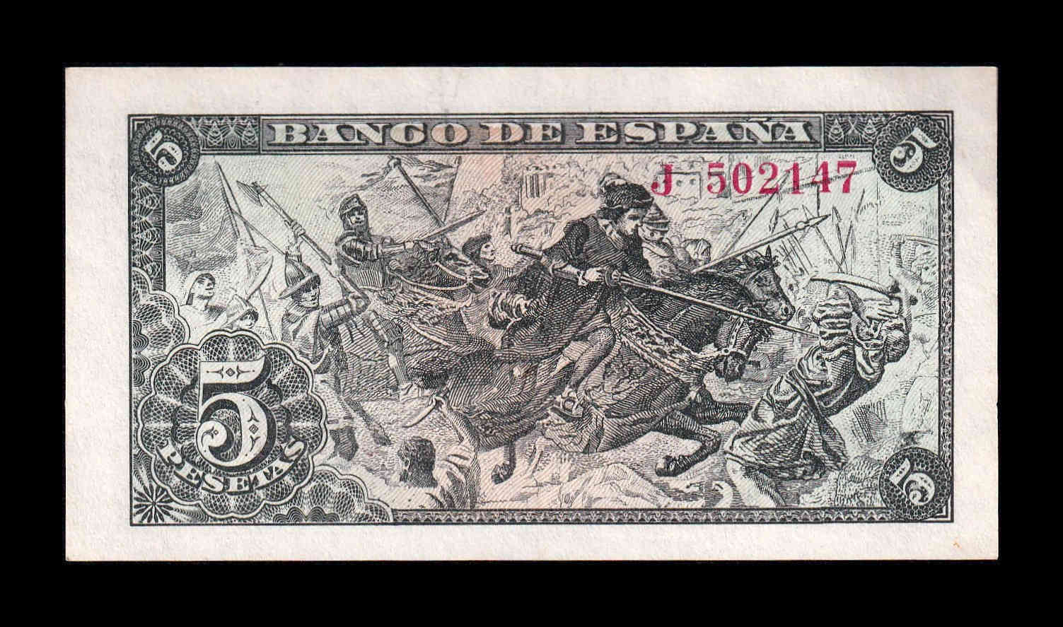 Alternative view of España 5 Pesetas Capitulaciones 1945 Pick 129a Serie J Sc Unc