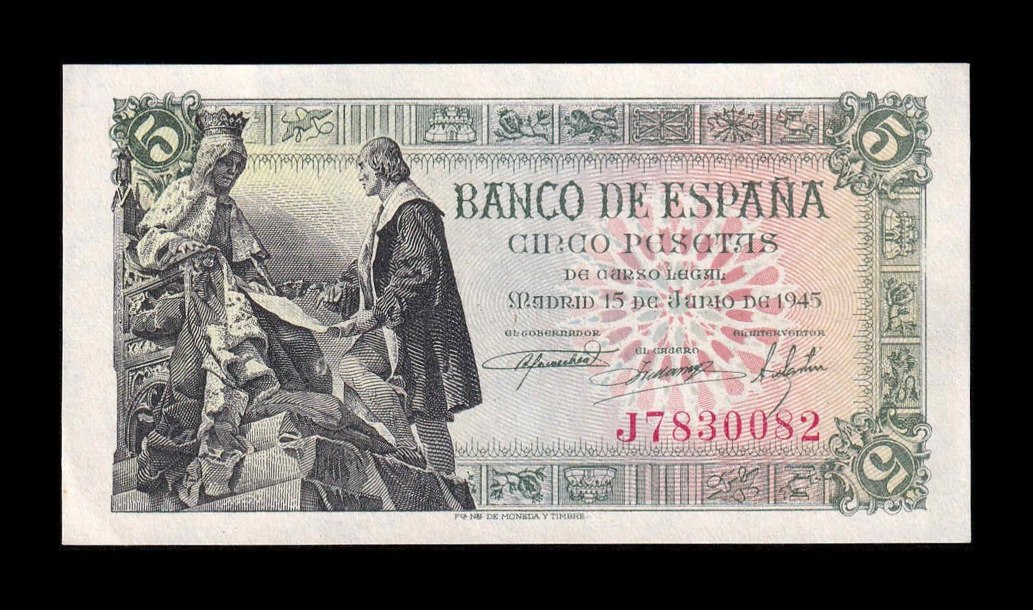 España 5 Pesetas Capitulaciones 1945 Pick 129a Serie J Sc Unc