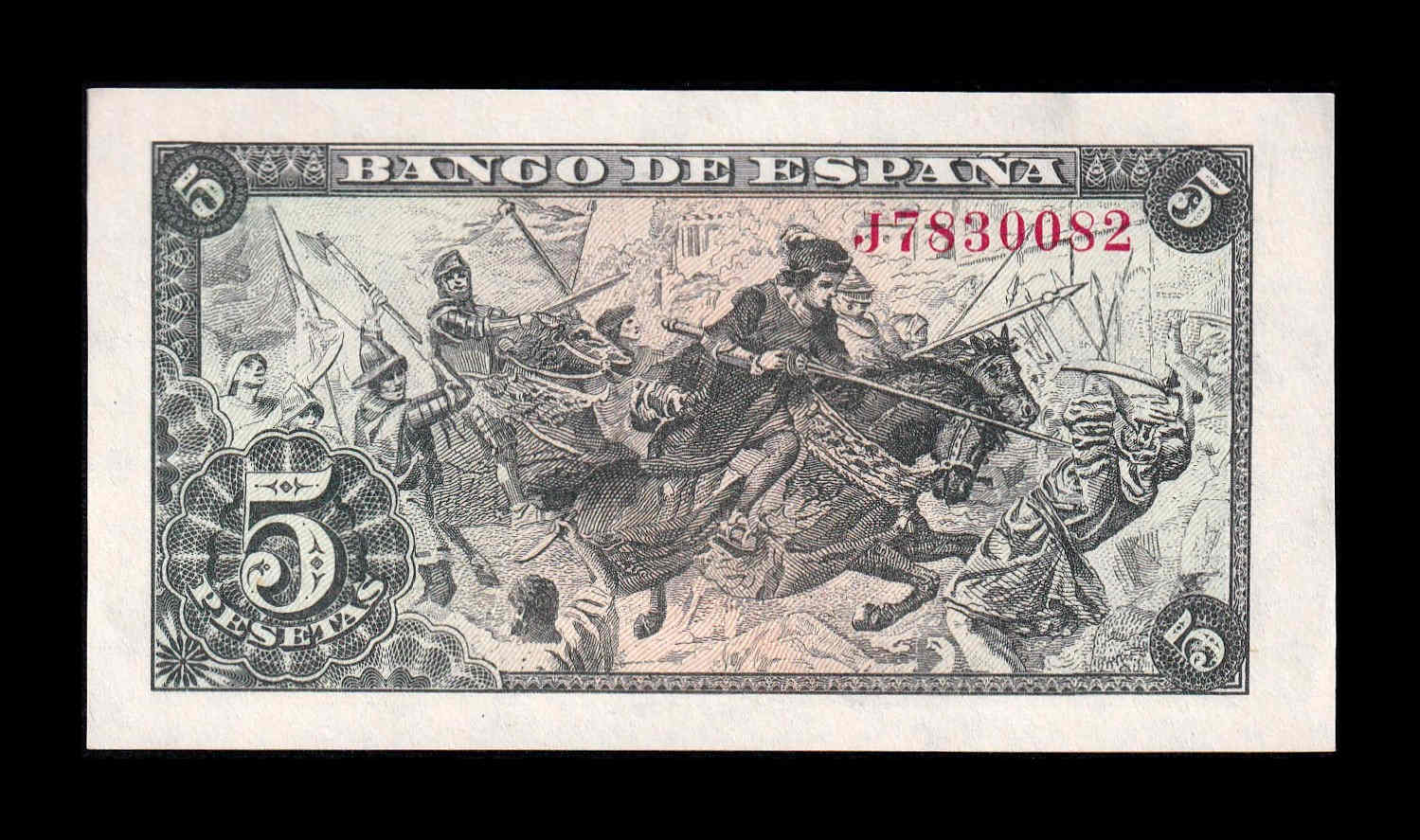 Alternative view of España 5 Pesetas Capitulaciones 1945 Pick 129a Serie J Sc Unc