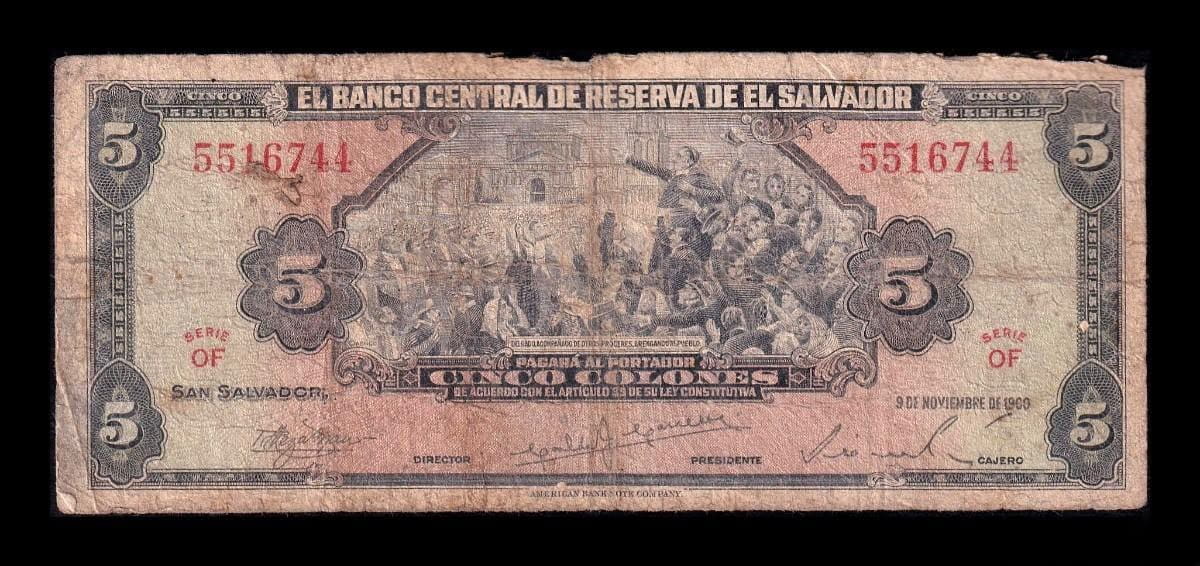 El Salvador 5 Colones 1960 Pick 95a Serie OF Bc- G