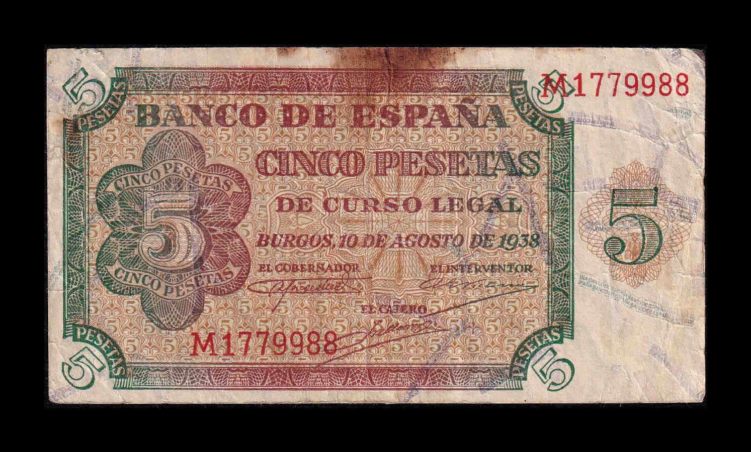 España 5 Pesetas Burgos 1938 Pick 110 Serie M Mbc Vf