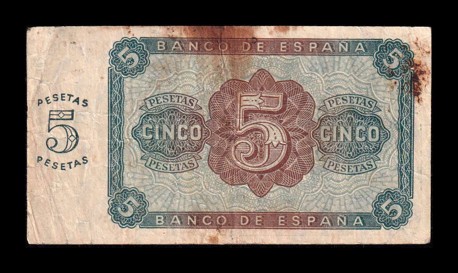 Alternative view of España 5 Pesetas Burgos 1938 Pick 110 Serie M Mbc Vf