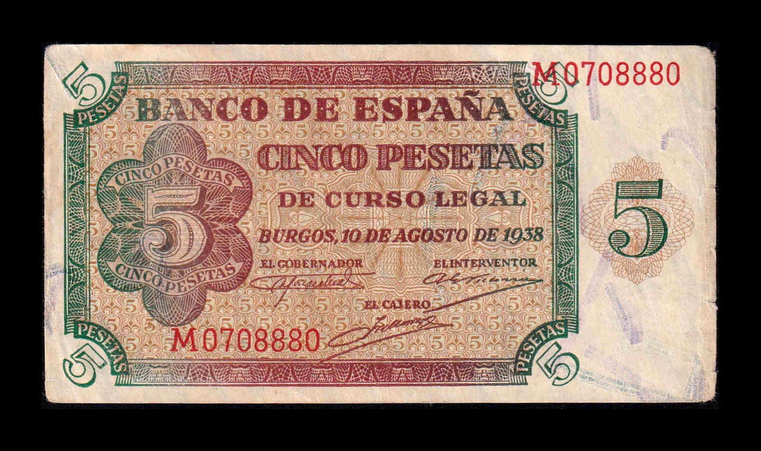 España 5 Pesetas Burgos 1938 Pick 110 Serie M Mbc Vf
