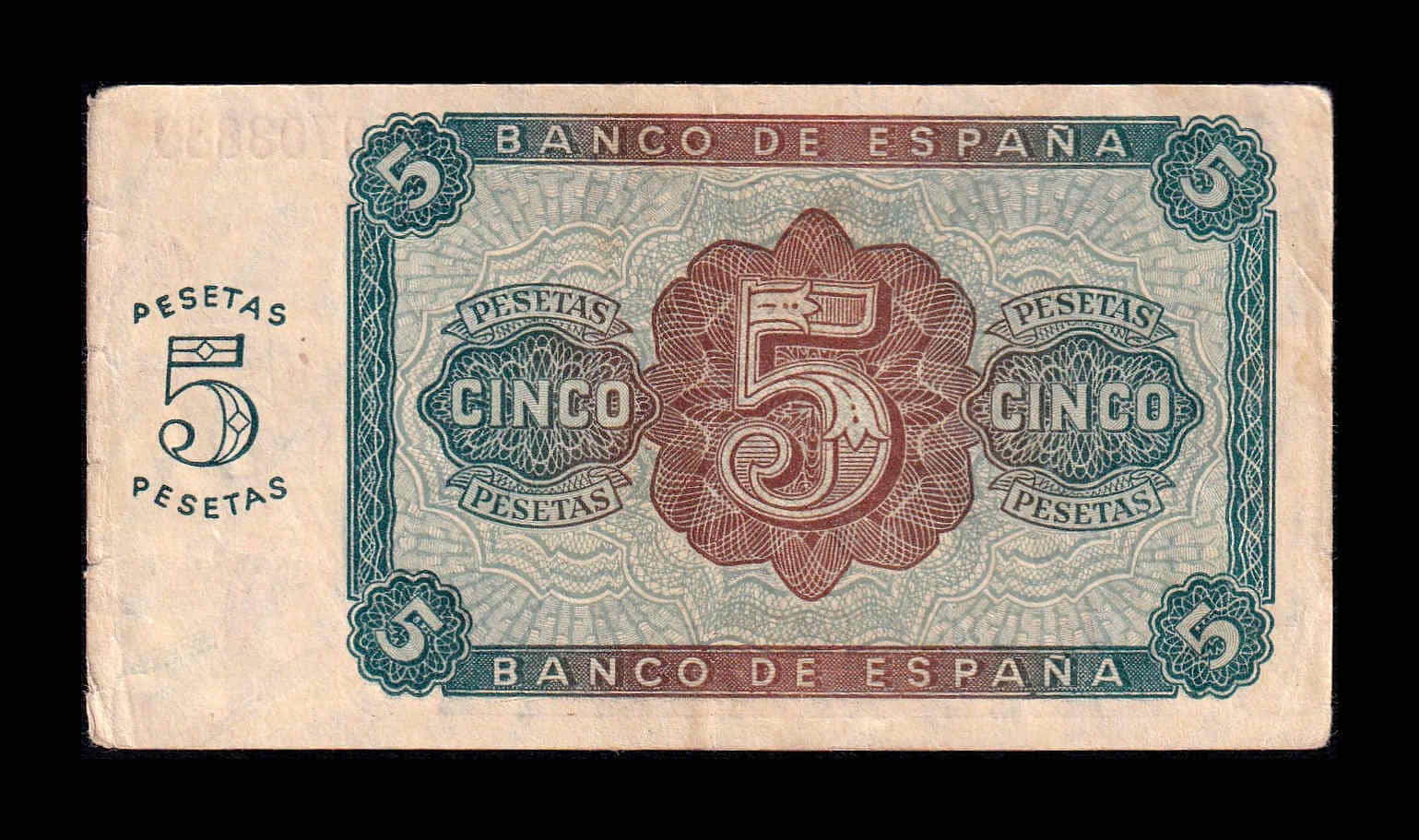 Alternative view of España 5 Pesetas Burgos 1938 Pick 110 Serie M Mbc Vf