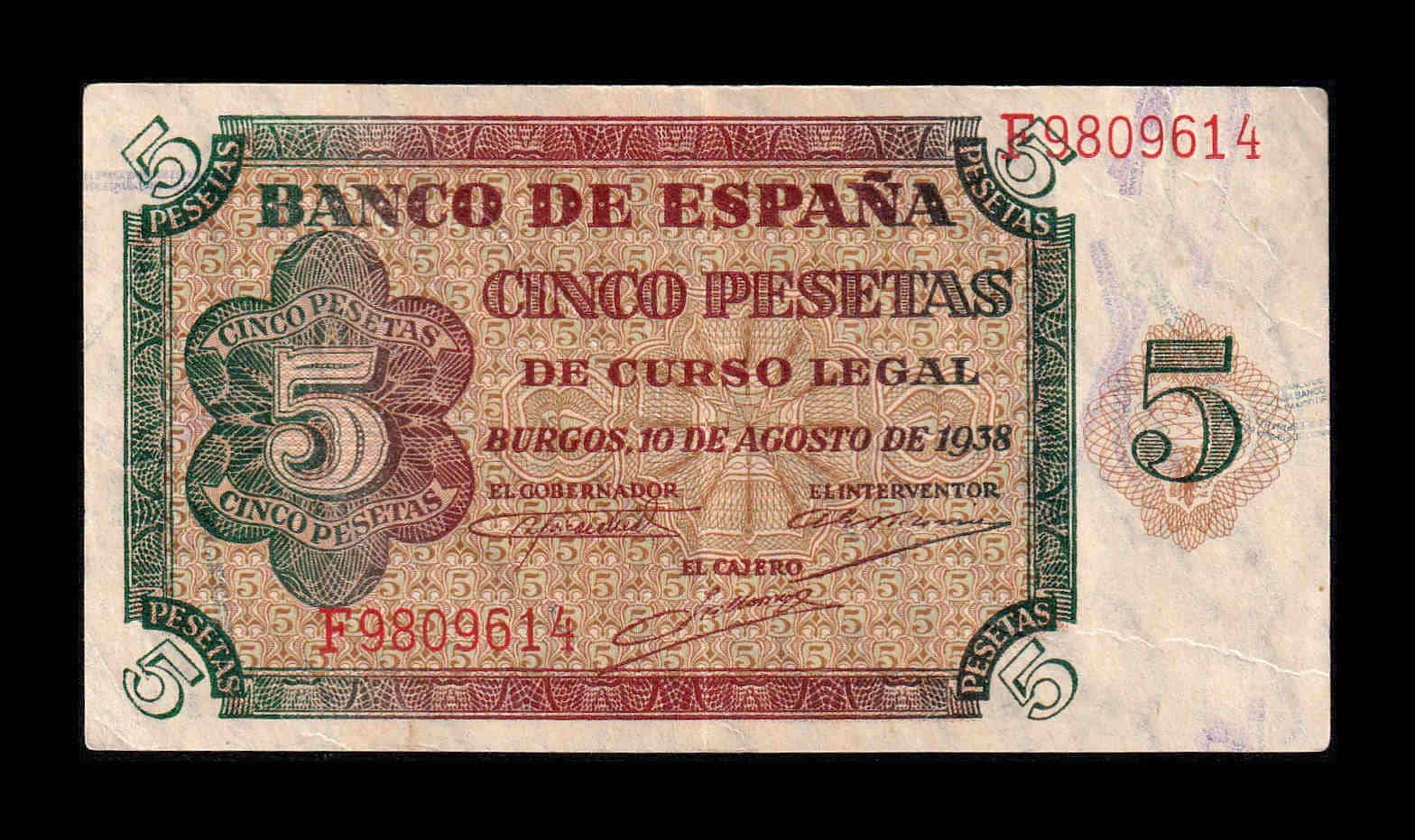España 5 Pesetas Burgos 1938 Pick 110 Serie F Mbc+/Ebc Vf+/Xf