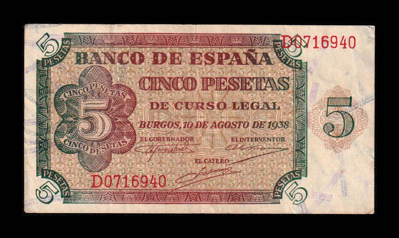 España 5 Pesetas Burgos 1938 Pick 110 Serie D Mbc+/Ebc Vf+/Xf