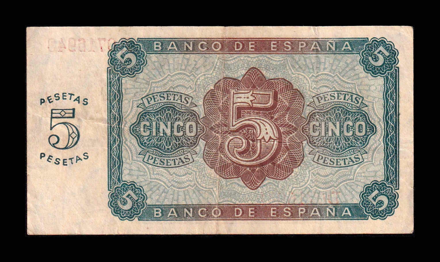 Alternative view of España 5 Pesetas Burgos 1938 Pick 110 Serie D Mbc+/Ebc Vf+/Xf