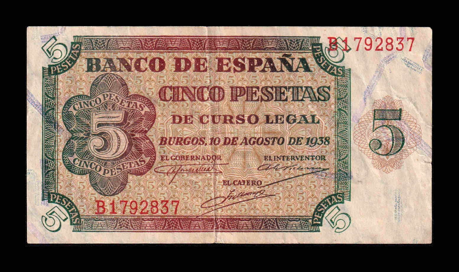 España 5 Pesetas Burgos 1938 Pick 110 Serie B Mbc+/Ebc Vf+/Xf