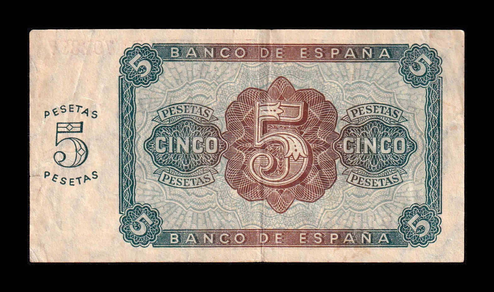 Alternative view of España 5 Pesetas Burgos 1938 Pick 110 Serie B Mbc+/Ebc Vf+/Xf