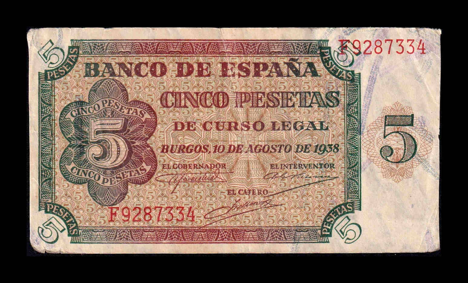 España 5 Pesetas Burgos 1938 Pick 110 Serie F Mbc+/Ebc Vf+/Xf