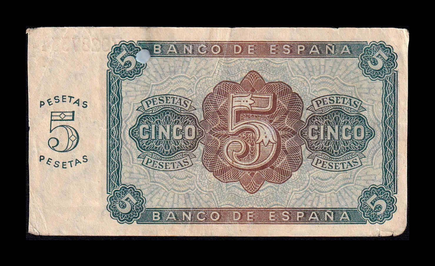 Alternative view of España 5 Pesetas Burgos 1938 Pick 110 Serie F Mbc+/Ebc Vf+/Xf