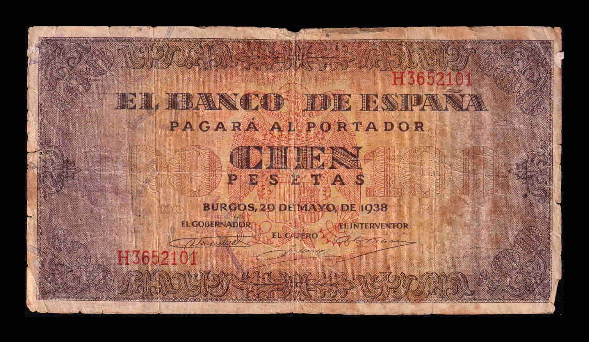 España 100 Pesetas Burgos 1938 Pick 113 Serie H Bc F