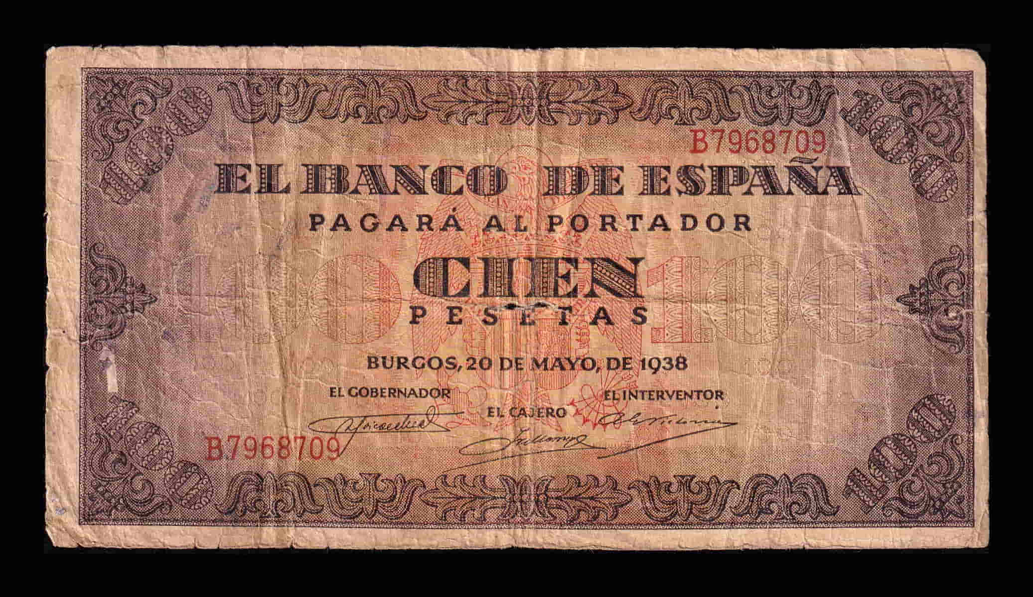 España 100 Pesetas Burgos 1938 Pick 113 Serie B Bc F