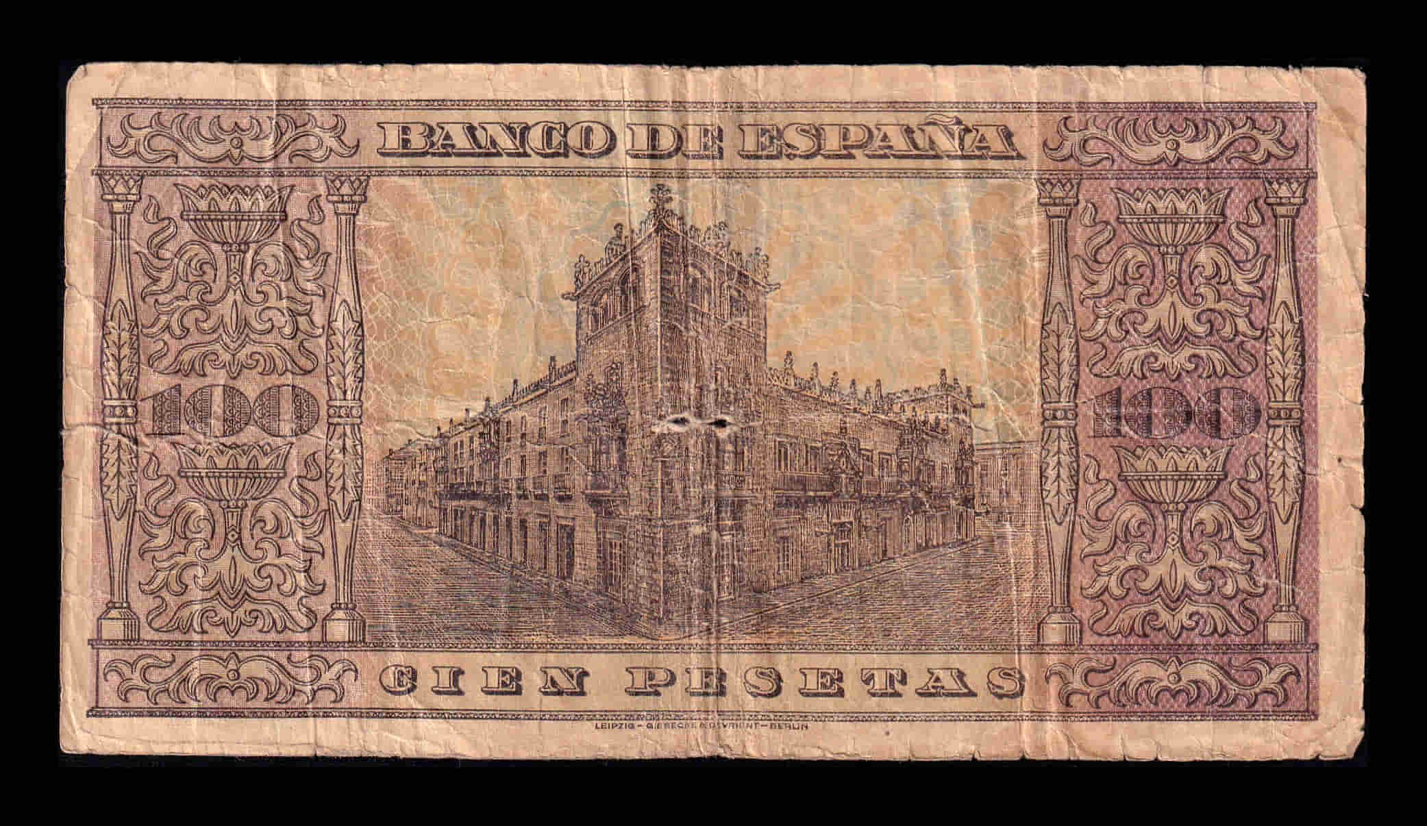 Alternative view of España 100 Pesetas Burgos 1938 Pick 113 Serie B Bc F