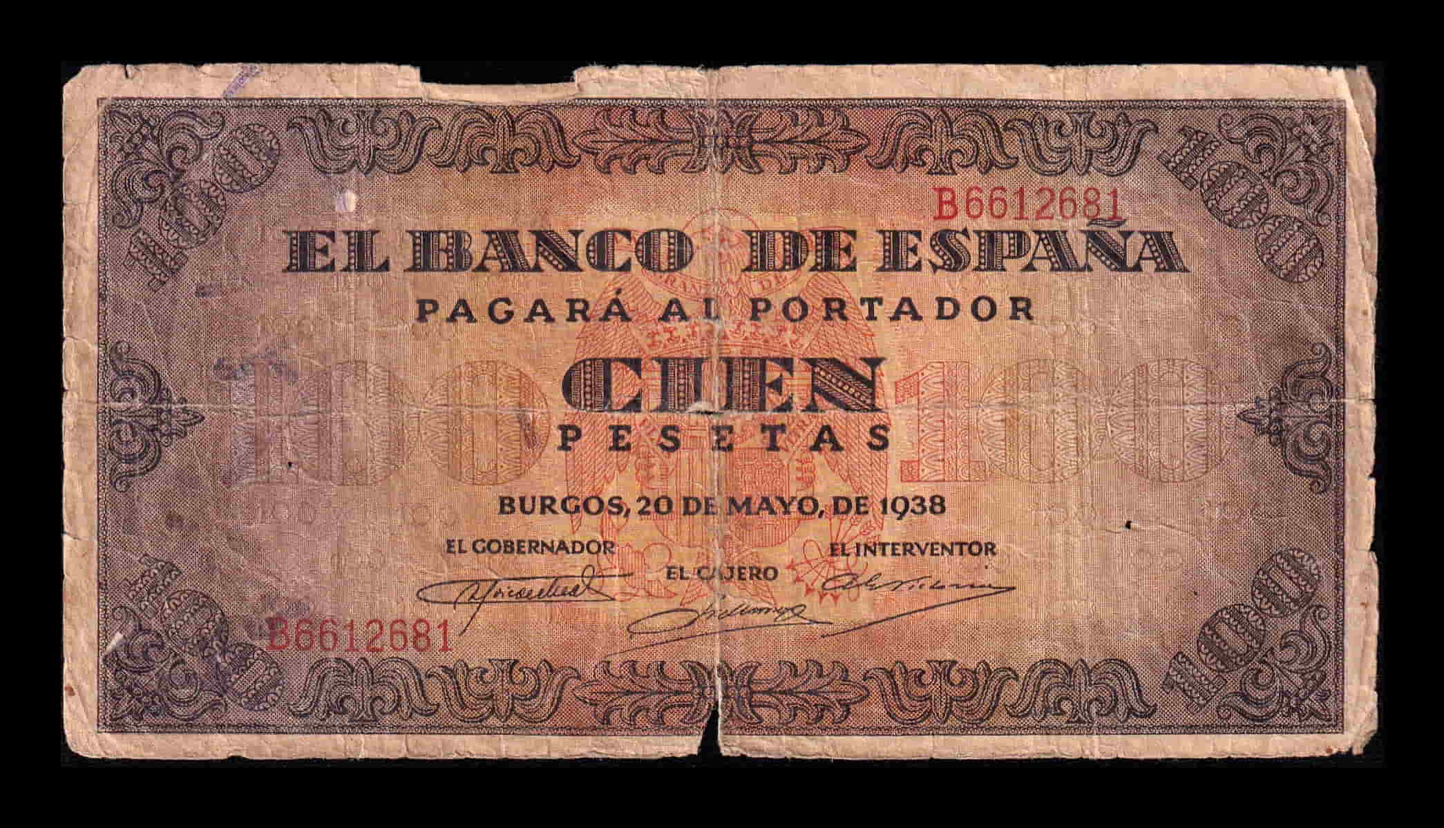 España 100 Pesetas Burgos 1938 Pick 113 Serie B Bc F