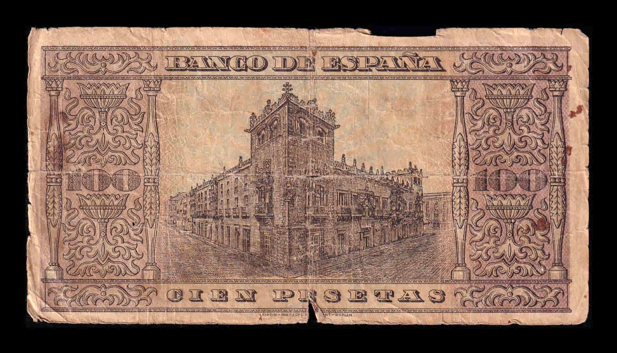 Alternative view of España 100 Pesetas Burgos 1938 Pick 113 Serie B Bc F