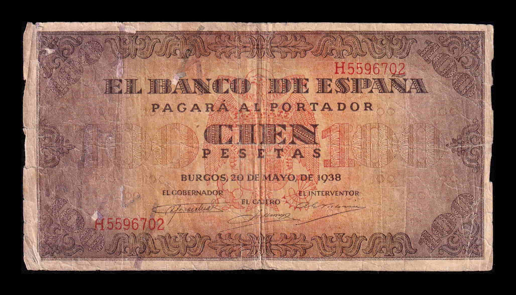 España 100 Pesetas Burgos 1938 Pick 113 Serie H Bc F