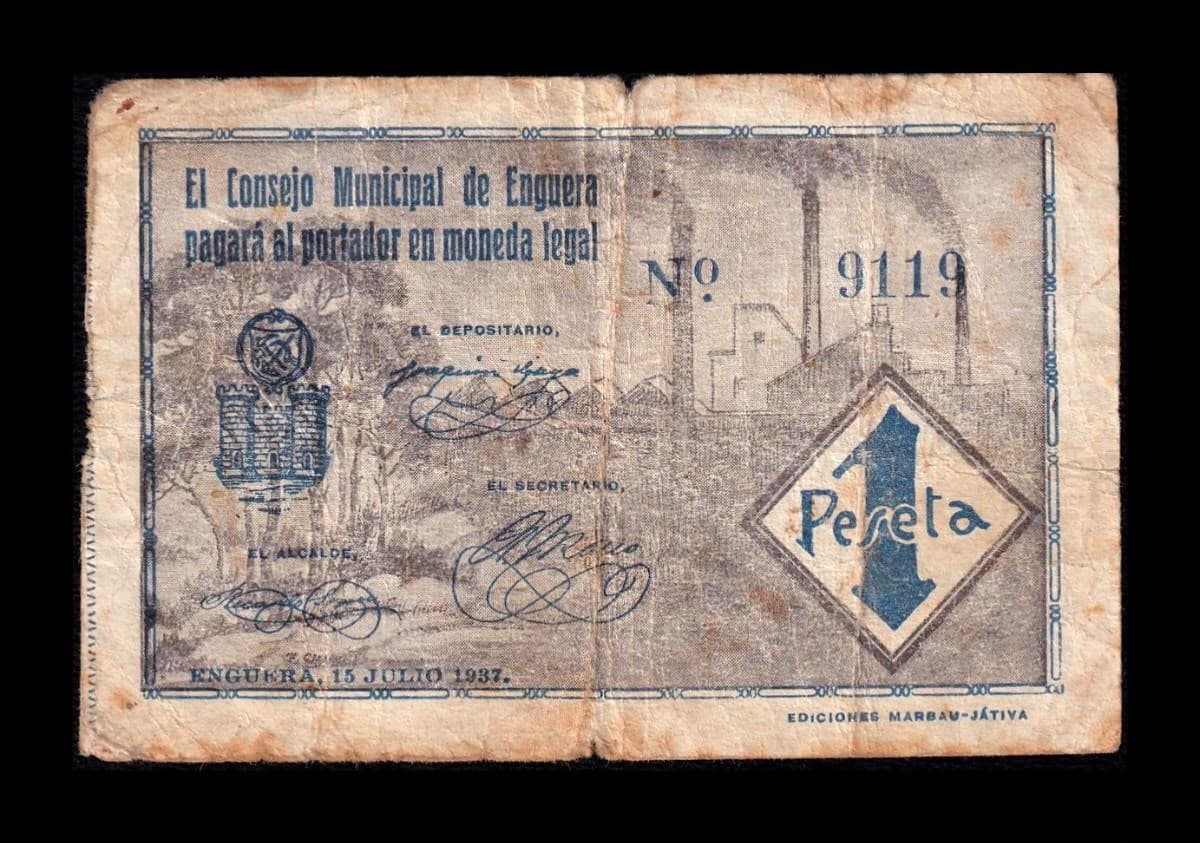 España Billete local - Guerra Civil Enguera Valencia 1 Peseta 1937 Bc/Mbc F/Vf