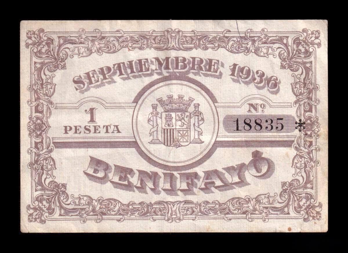 España Billete local - Guerra Civil Benifayó Valencia 1 Peseta 1936 Mbc Vf